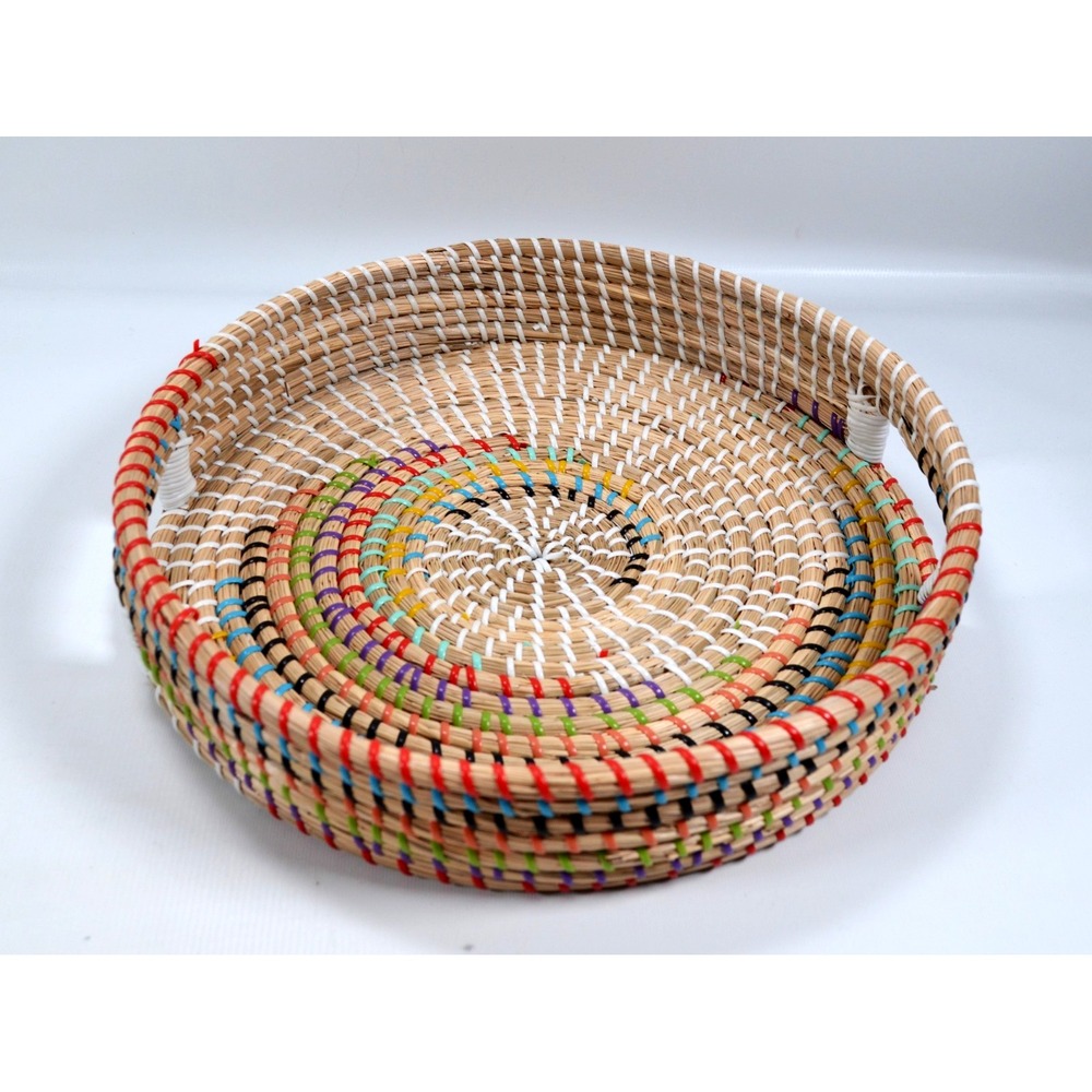 Handwoven Decorative Seagrass Serving Tray w/ Colorful Plastic Accents 13.5"